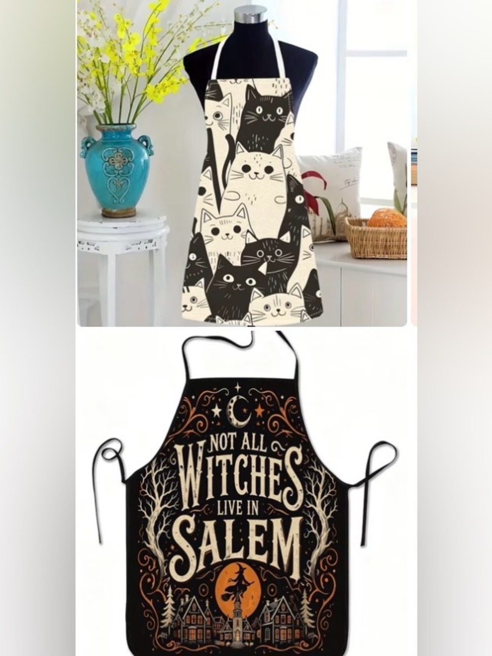 Two fun Aprons Cat Print and Witch Apron